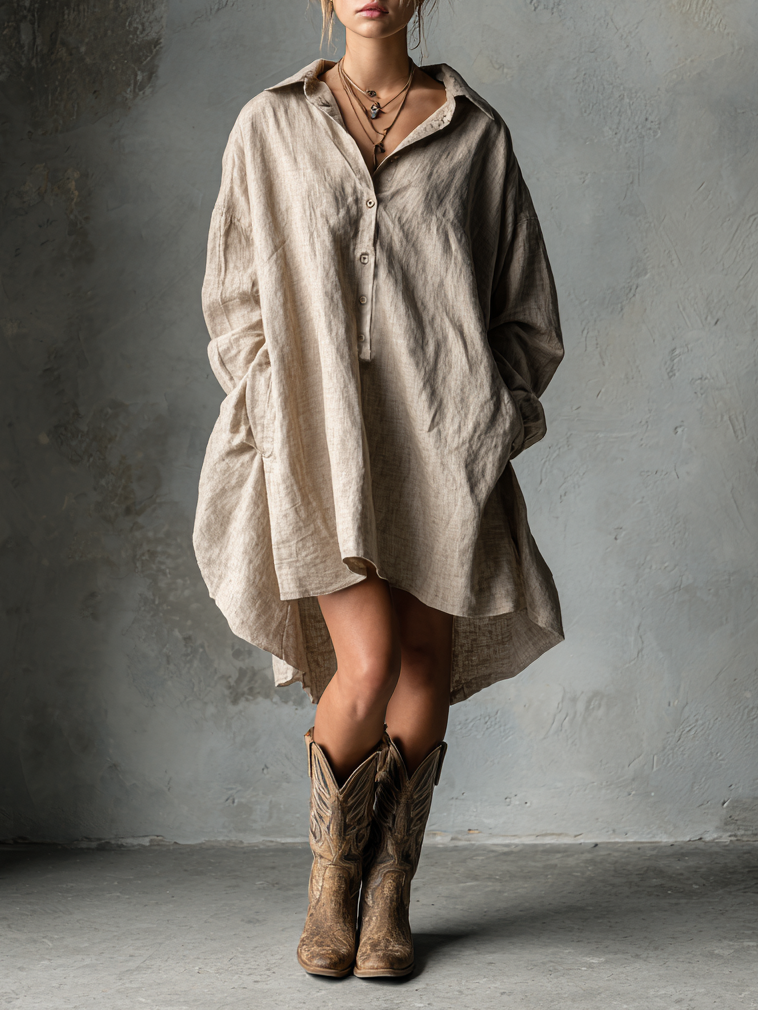Loose Cotton and Linen Mini Dress for Women with Buttons and Collar MDA1854H2Y