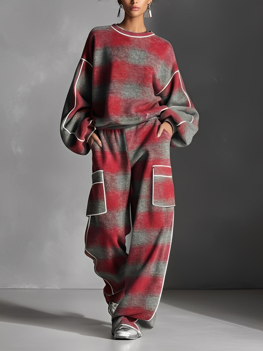 Women's Street Style Pants Set with Colorful Piping in Red and Gray with Linen MDA1065K4I