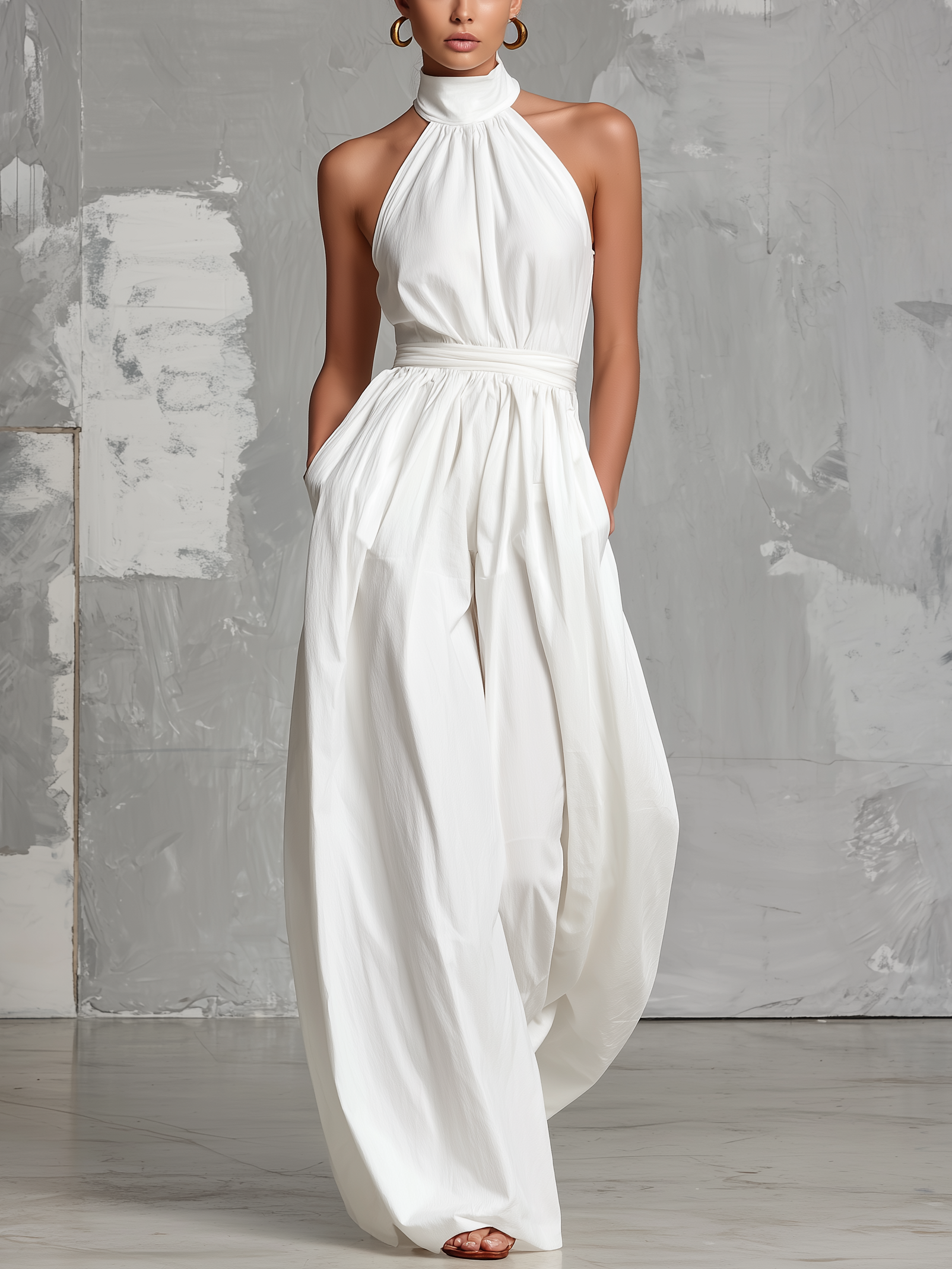 Elegant Summer Dress for Women in White, with Sleeveless Halter Neck MDZ0554A3AN