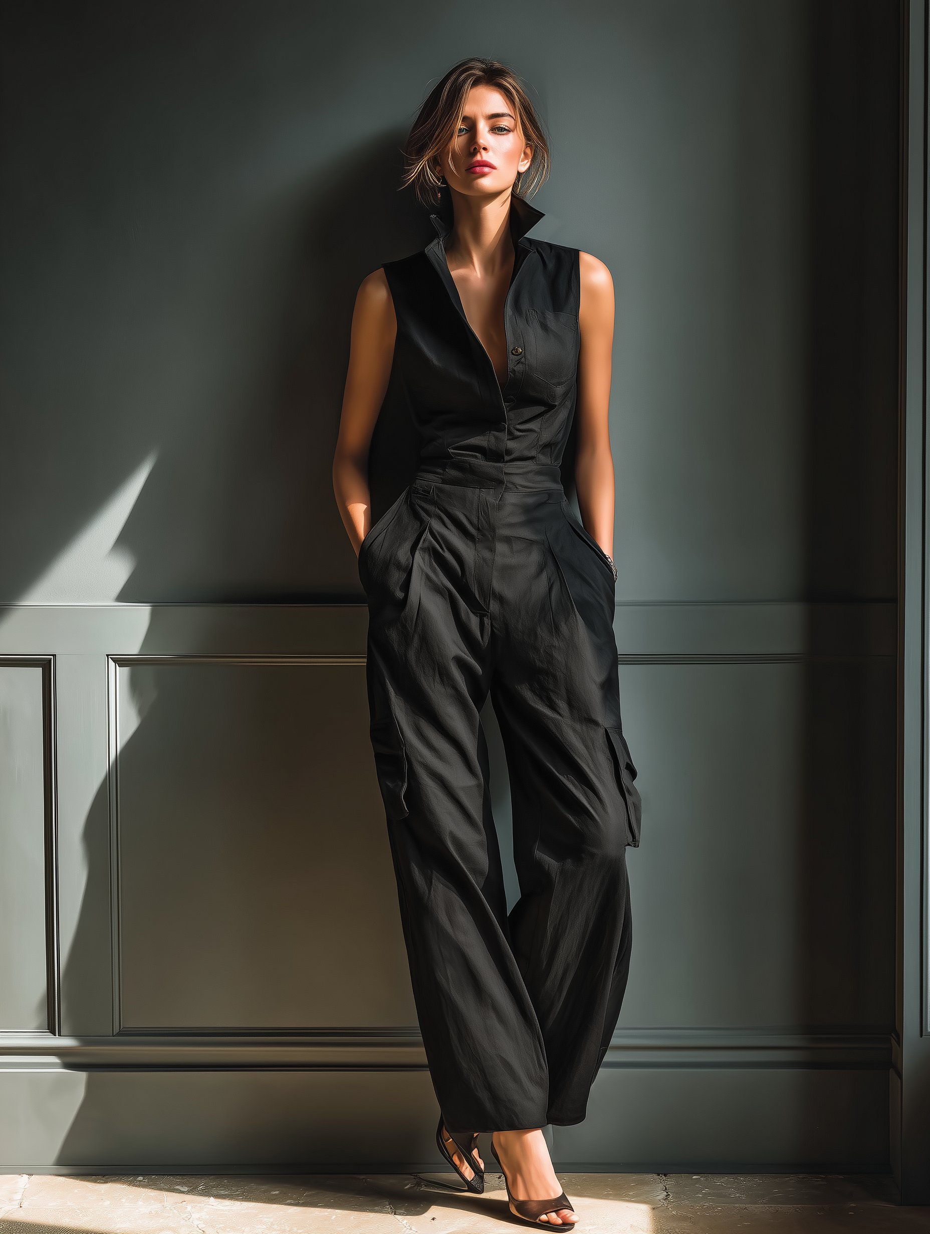 Sleeveless Rubber Jumpsuit for Women in Black with Cargo Pockets MDZ0908A3T
