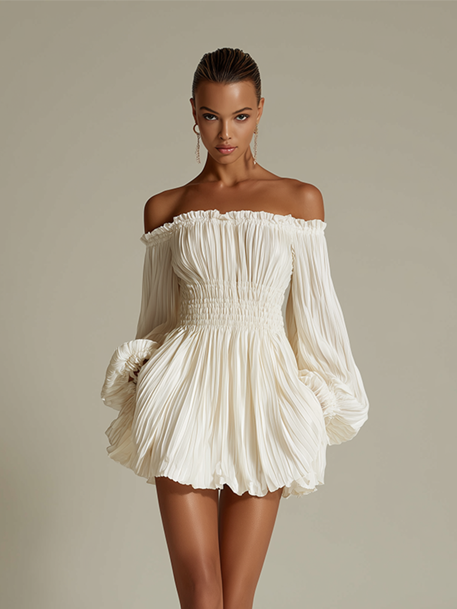 Women's Ivory Dresses with Off-Shoulder Collar and Pleated Waist, Elegant-Sexy Classic Dress MDZ1305B8I