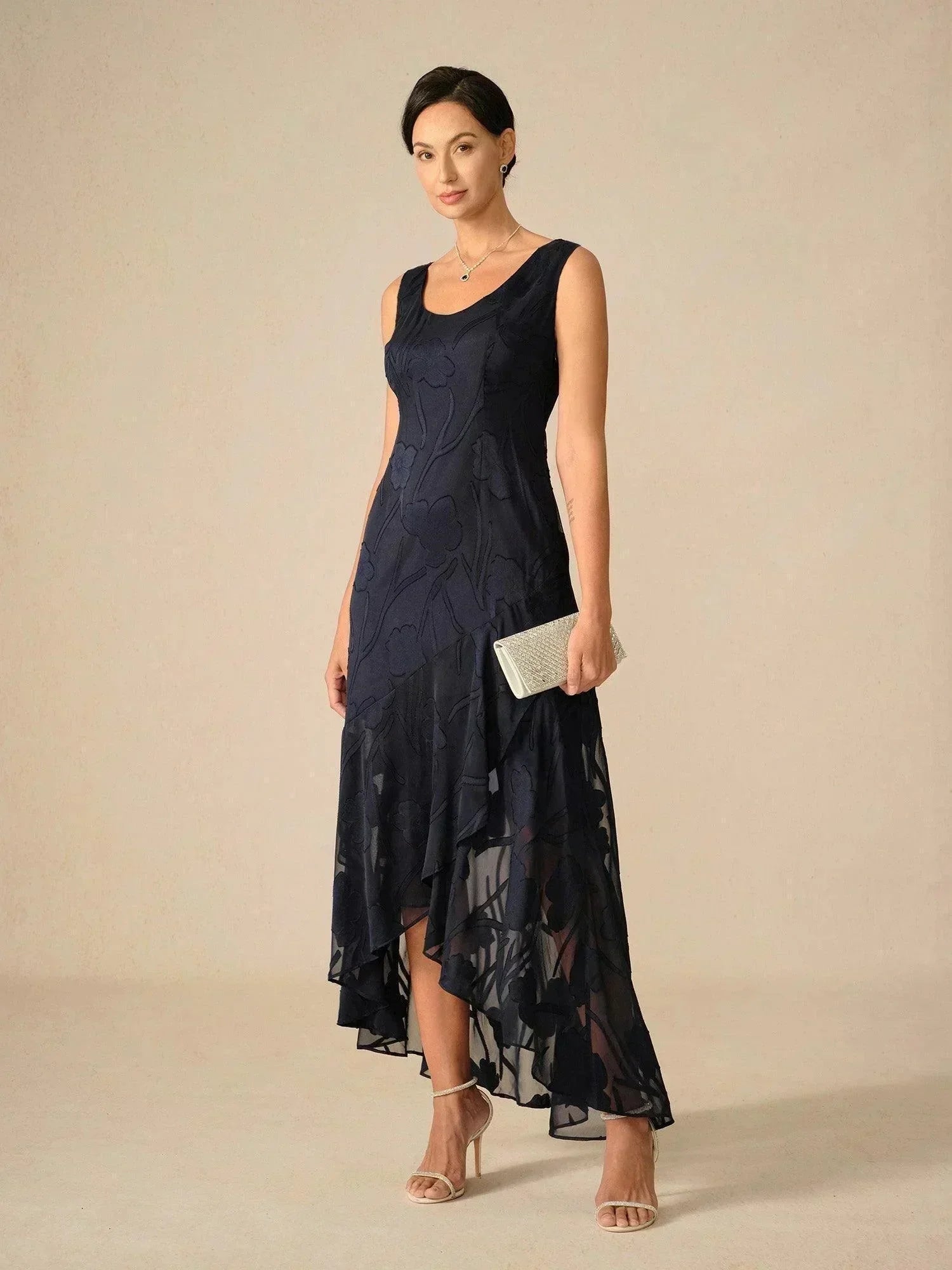 Sleeveless Evening Dress in Floral Chiffon with Asymmetrical Hem