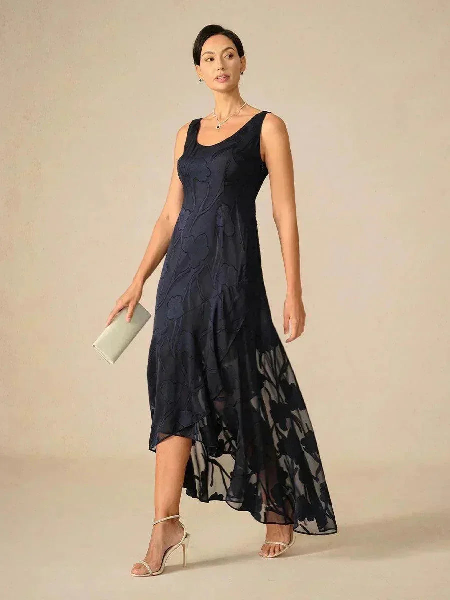 Sleeveless Evening Dresses Made of Floral Chiffon with Asymmetrical Hem