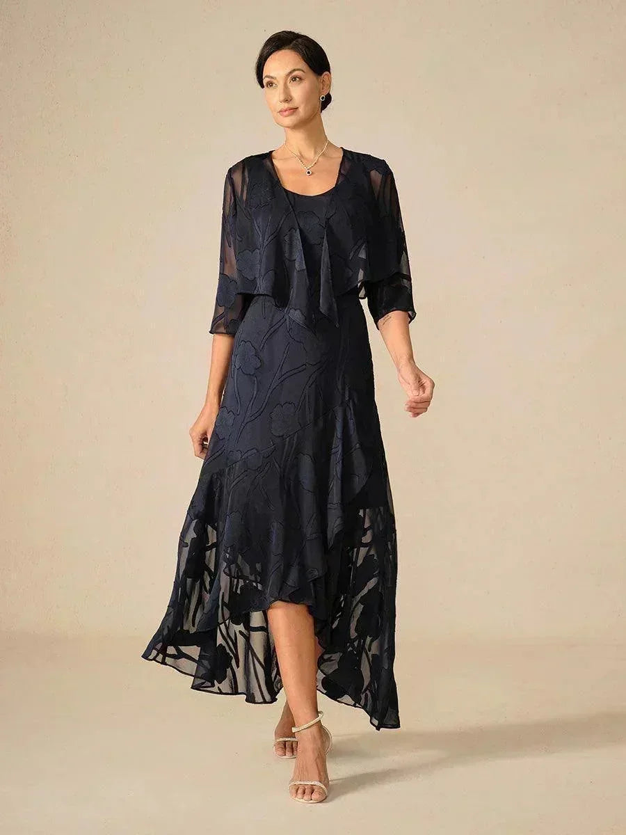 Sleeveless Evening Dress in Floral Chiffon with Asymmetrical Hem