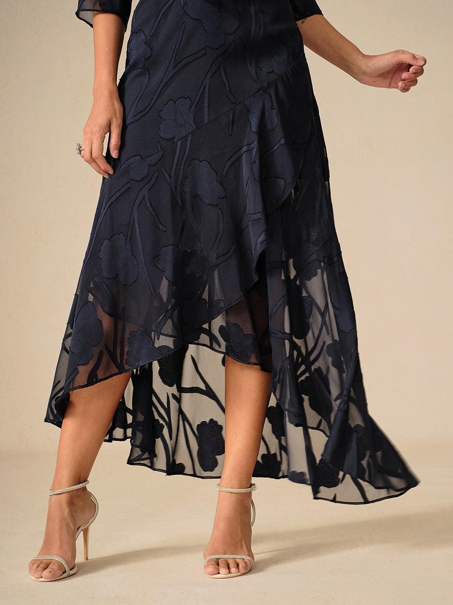 Sleeveless Evening Dress in Floral Chiffon with Asymmetrical Hem