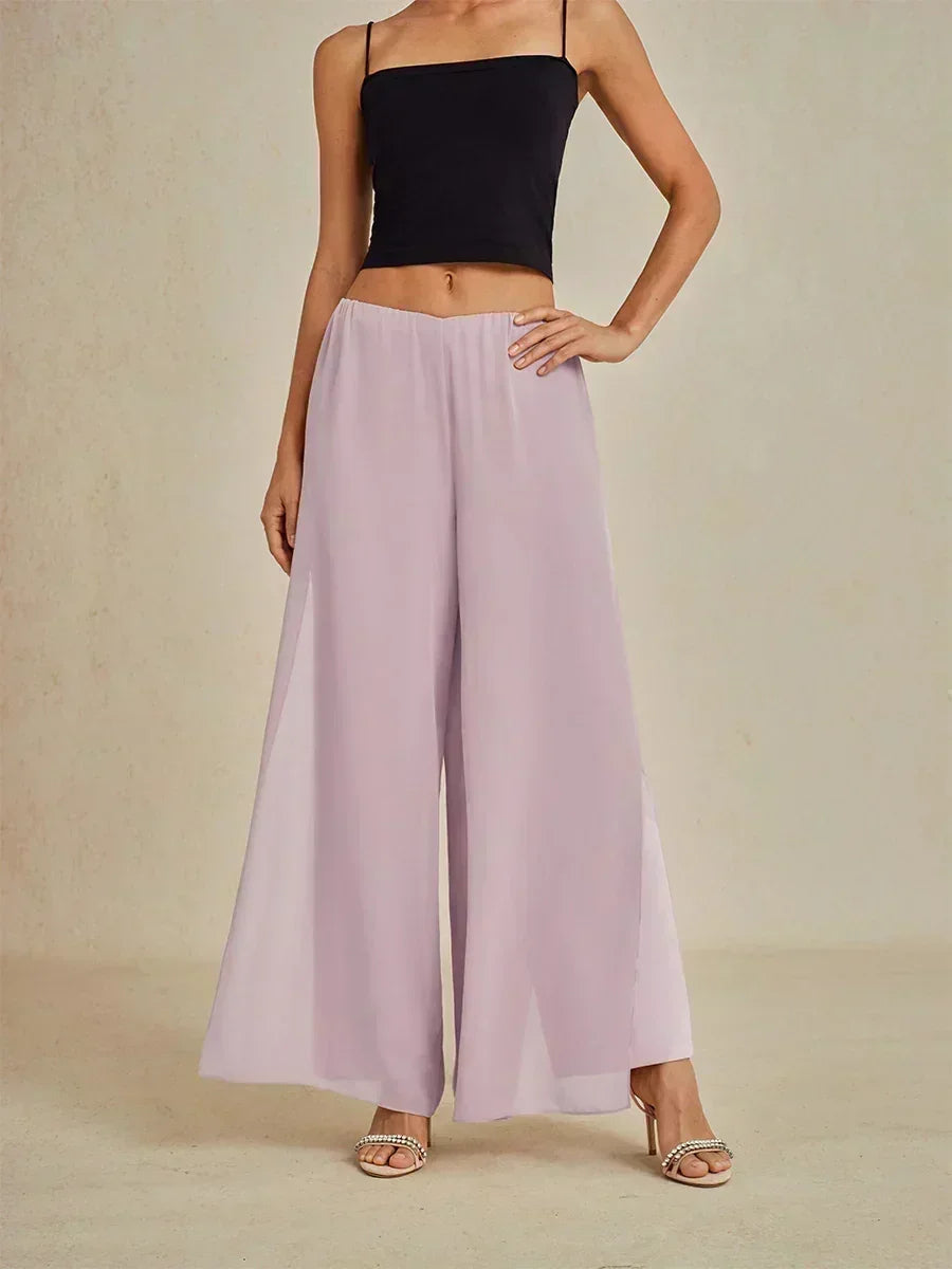 Straight Pants with Flowing Split Chiffon Layer