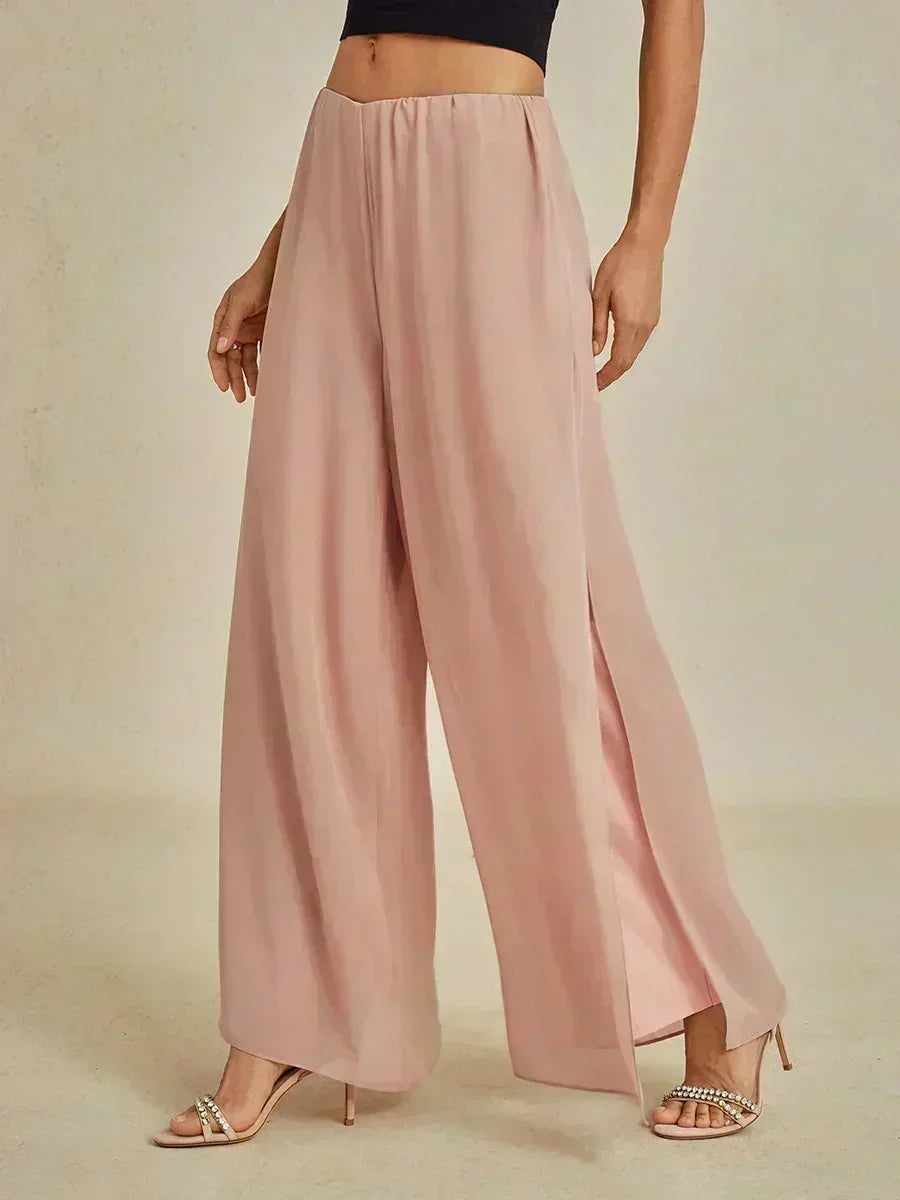 Straight Leg Pants with Chiffon Layer and Cut