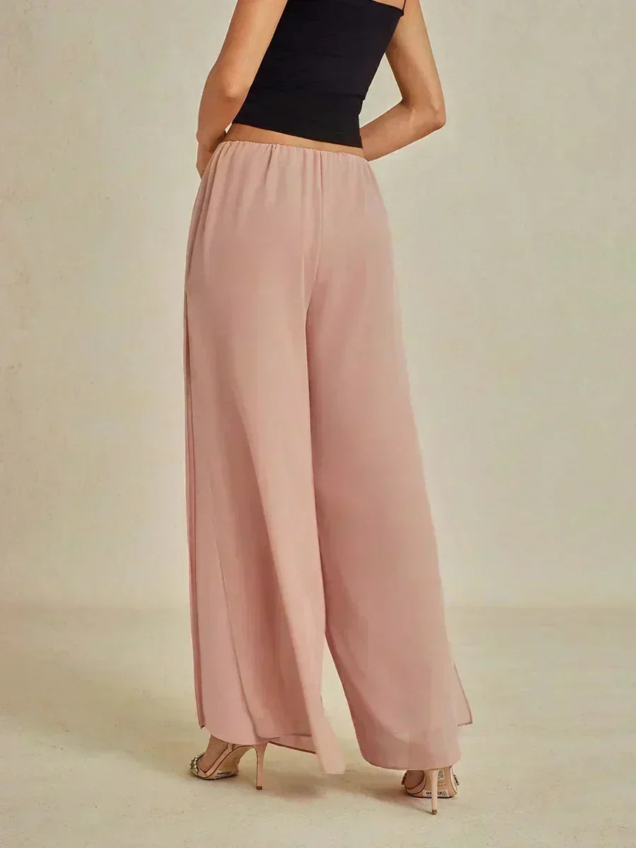 Straight Leg Pants with Chiffon Layer and Cut