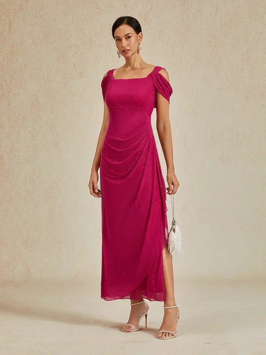 Sparkling Mesh Ankle-Length Dresses with Off-Shoulder Sleeves