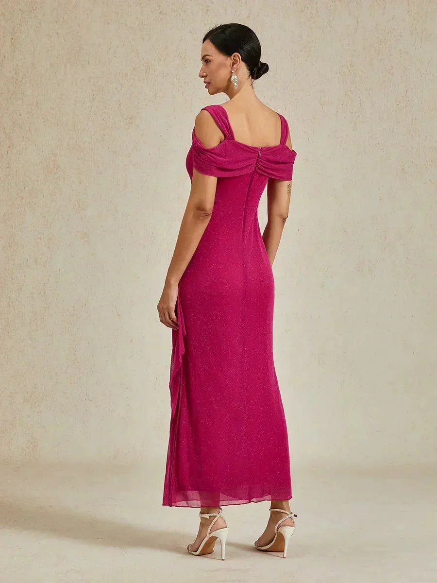 Sparkling Mesh Ankle-Length Dresses with Off-Shoulder Sleeves
