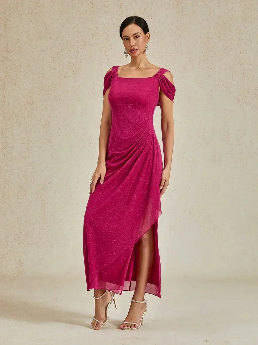 Sparkling Mesh Ankle-Length Dresses with Off-Shoulder Sleeves