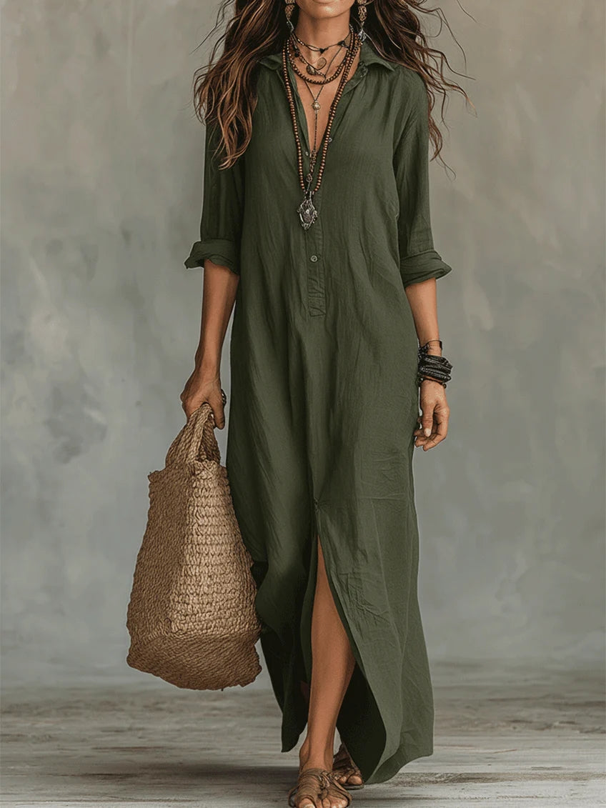 Soline | Long Black Flowy Dress with Buttons