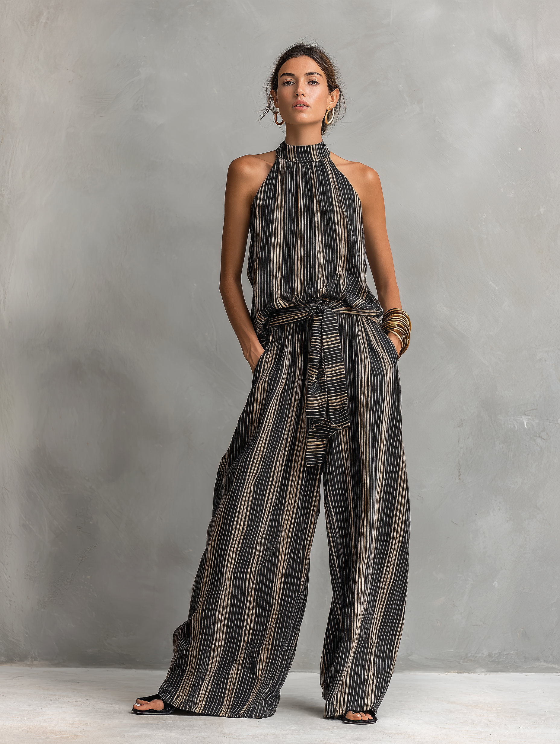 Elegant Women's Shirt with Striped Print, Round Neck, Sleeveless, Paired with Pants MDZ2706B5AN