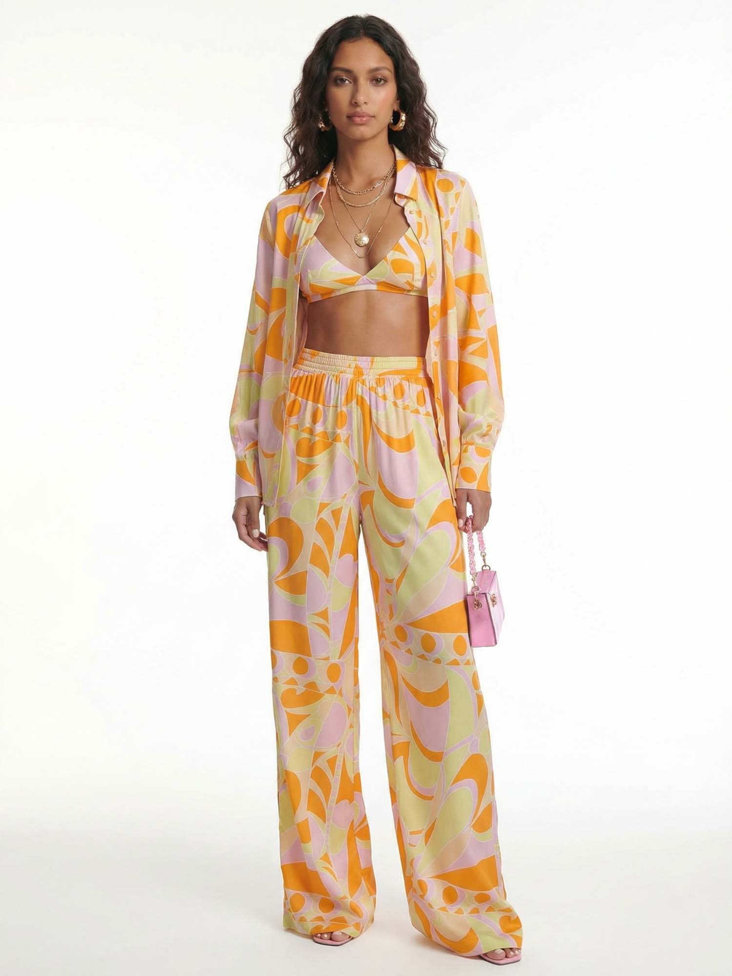 Button-Up Shirt with Tropical Beach Graphic Print