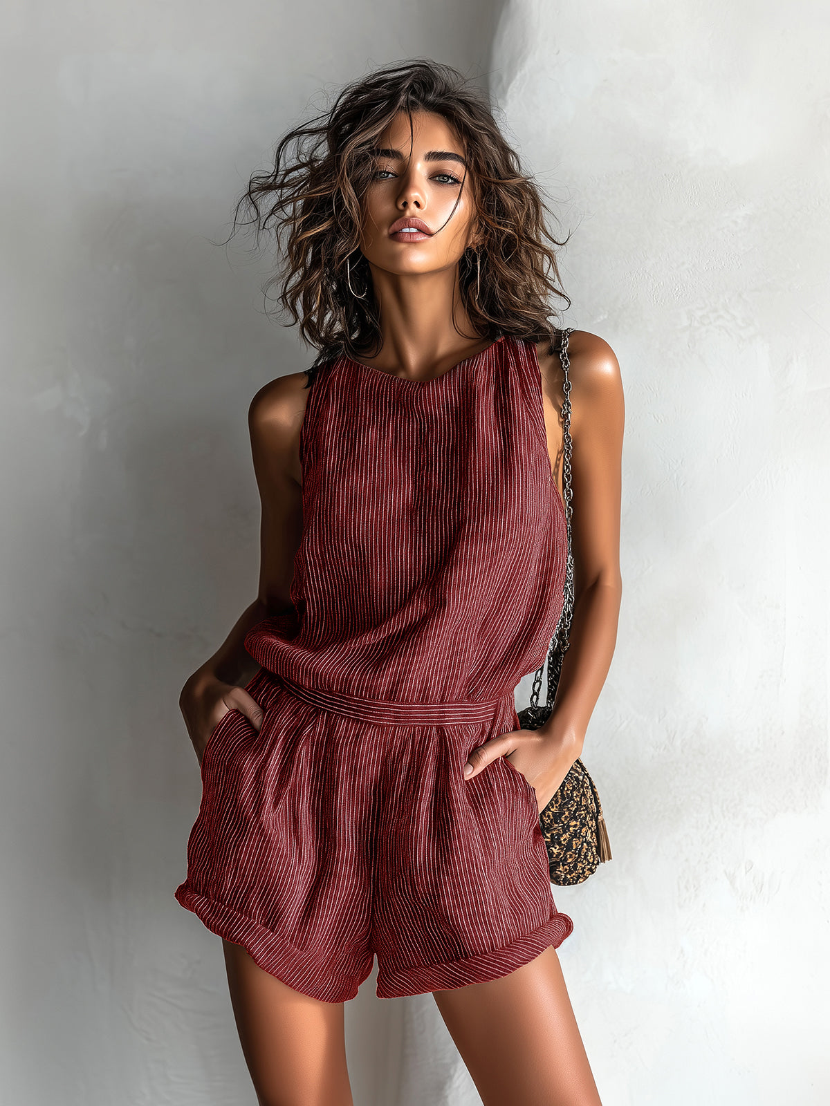ElevenOra Casual Chic Black Striped Linen Romper