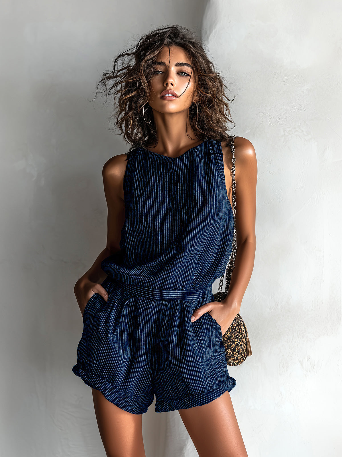 ElevenOra Casual Chic Black Striped Linen Romper