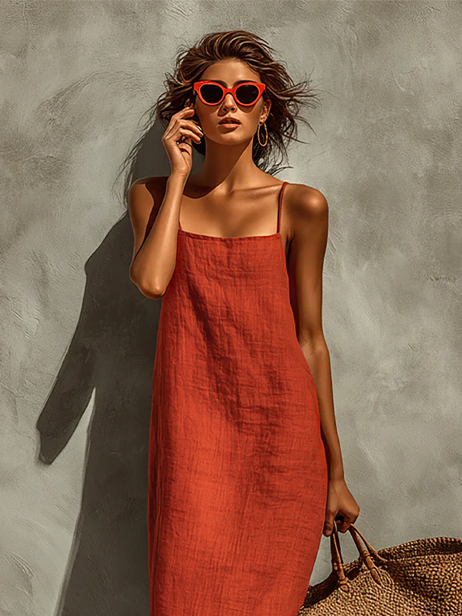 Red Cotton Dress for Women with Spaghetti Straps and Square Neckline, Timeless Boho-Resort Dress MDZ0924C3I