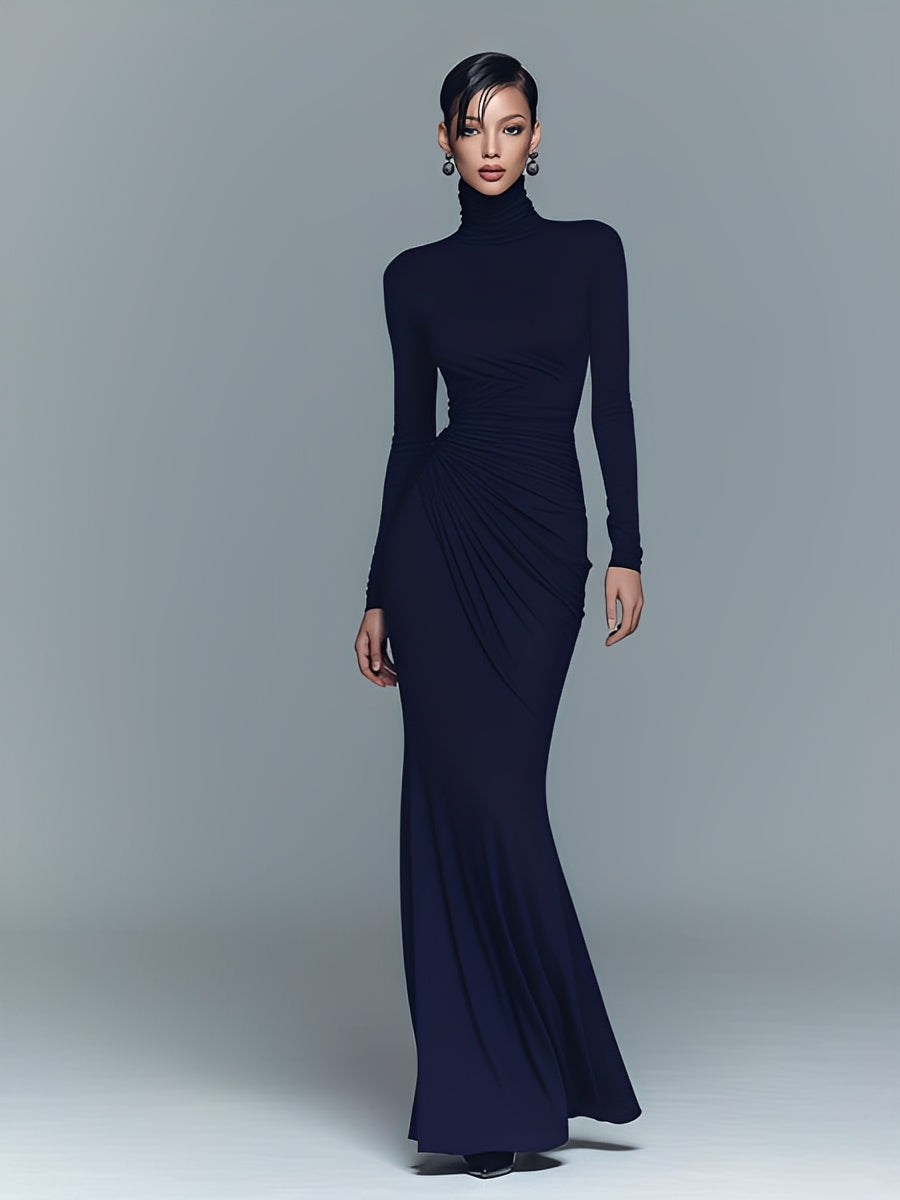 Navy Maxi Dresses for Women Made of Elegant Polyester-Cotton with High Collar MDA1742J1I