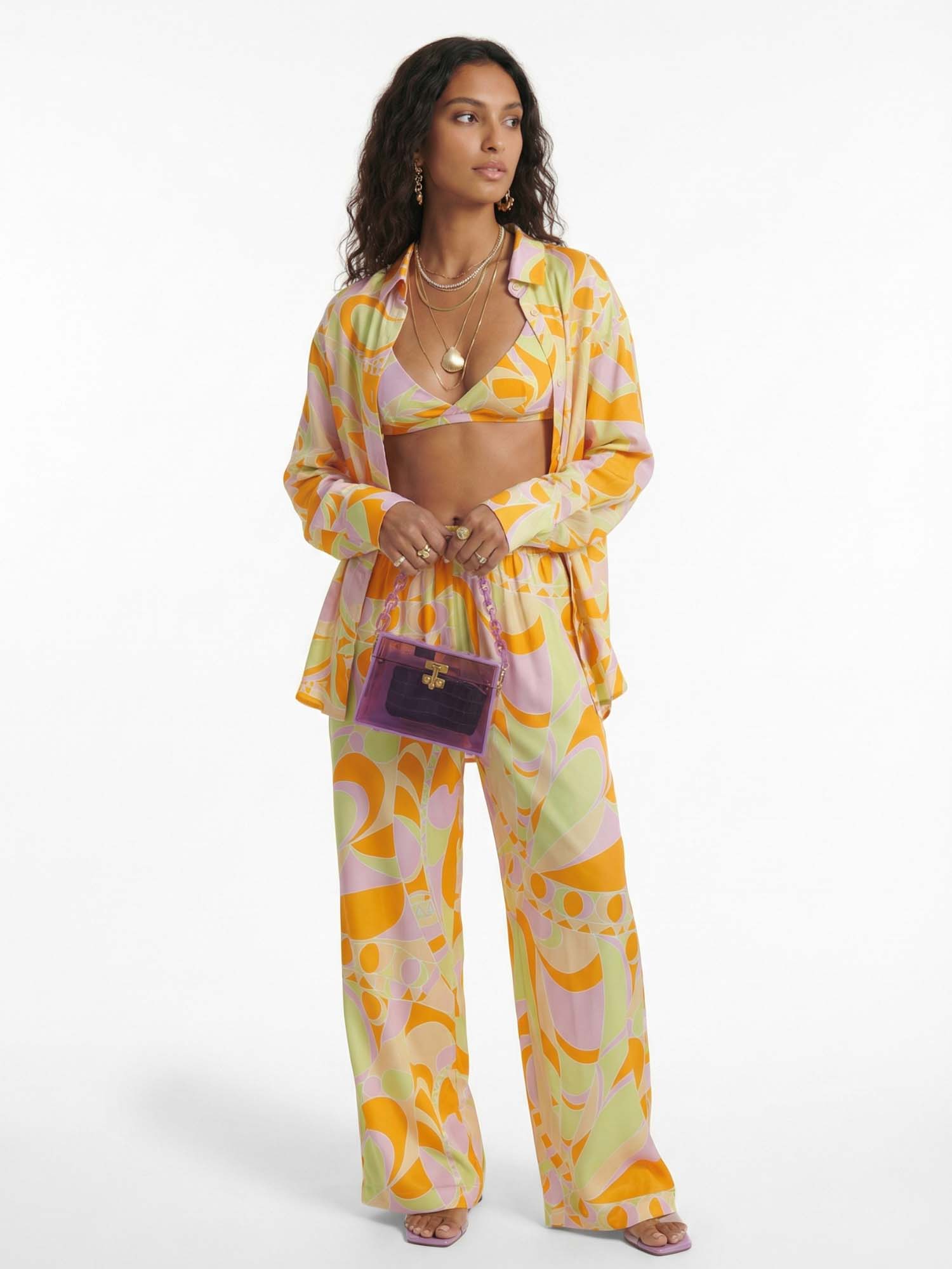 Wide Pants with Tropical Beach Graphic Print