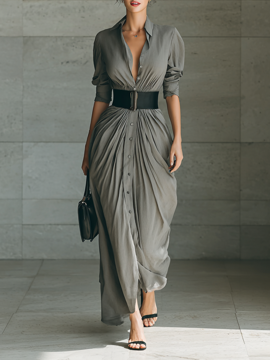 Maxi Dresses with Classic Collar and Long Sleeves for Women MDA1758G1Y