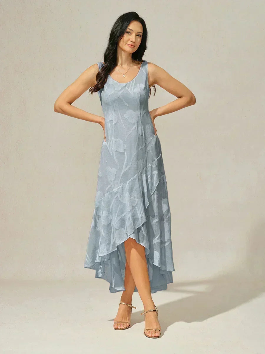 Sleeveless Floral Silk Evening Dresses with Asymmetrical Hem
