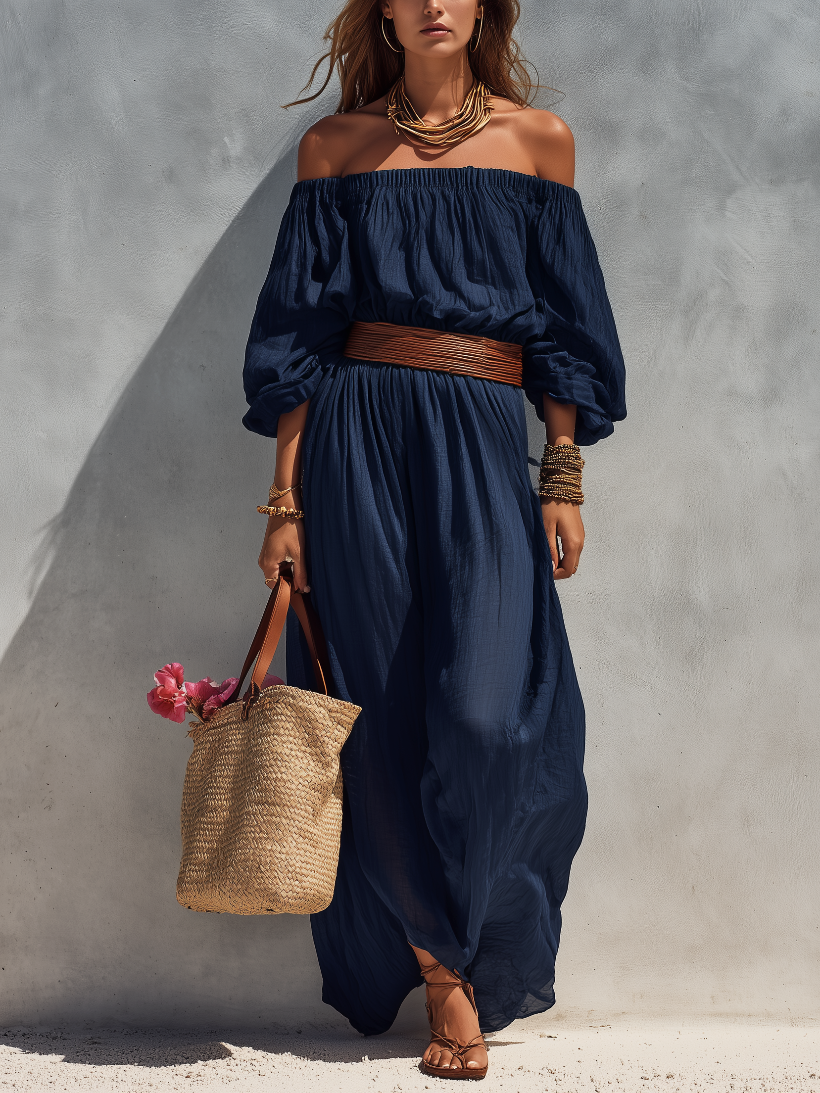 Women's Summer Dress in Dark Blue Made of Cotton and Linen, Strapless with Long Sleeves (Belt Not Included) MDZ1281C1AN