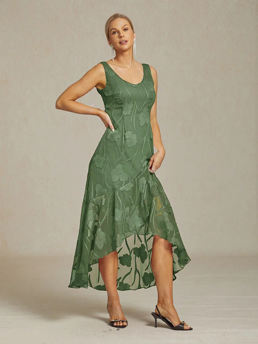 Sleeveless Evening Dress in Floral Chiffon with Asymmetrical Hem
