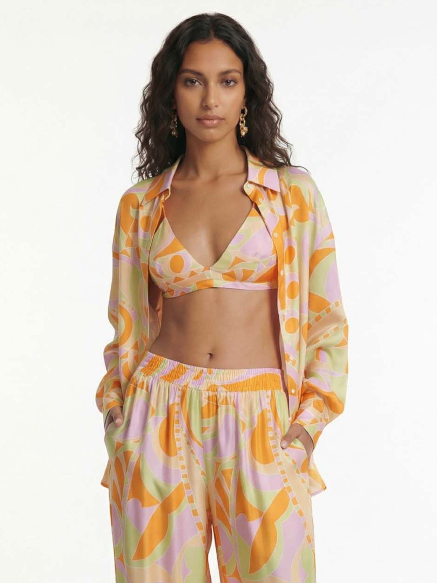 Button-Up Shirt with Tropical Beach Graphic Print