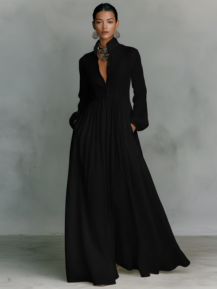Minimalist Maxi Dresses for Women in Cotton and White with Patchwork, One Button, Stand Collar, and Long Sleeves MDA0658K6Y