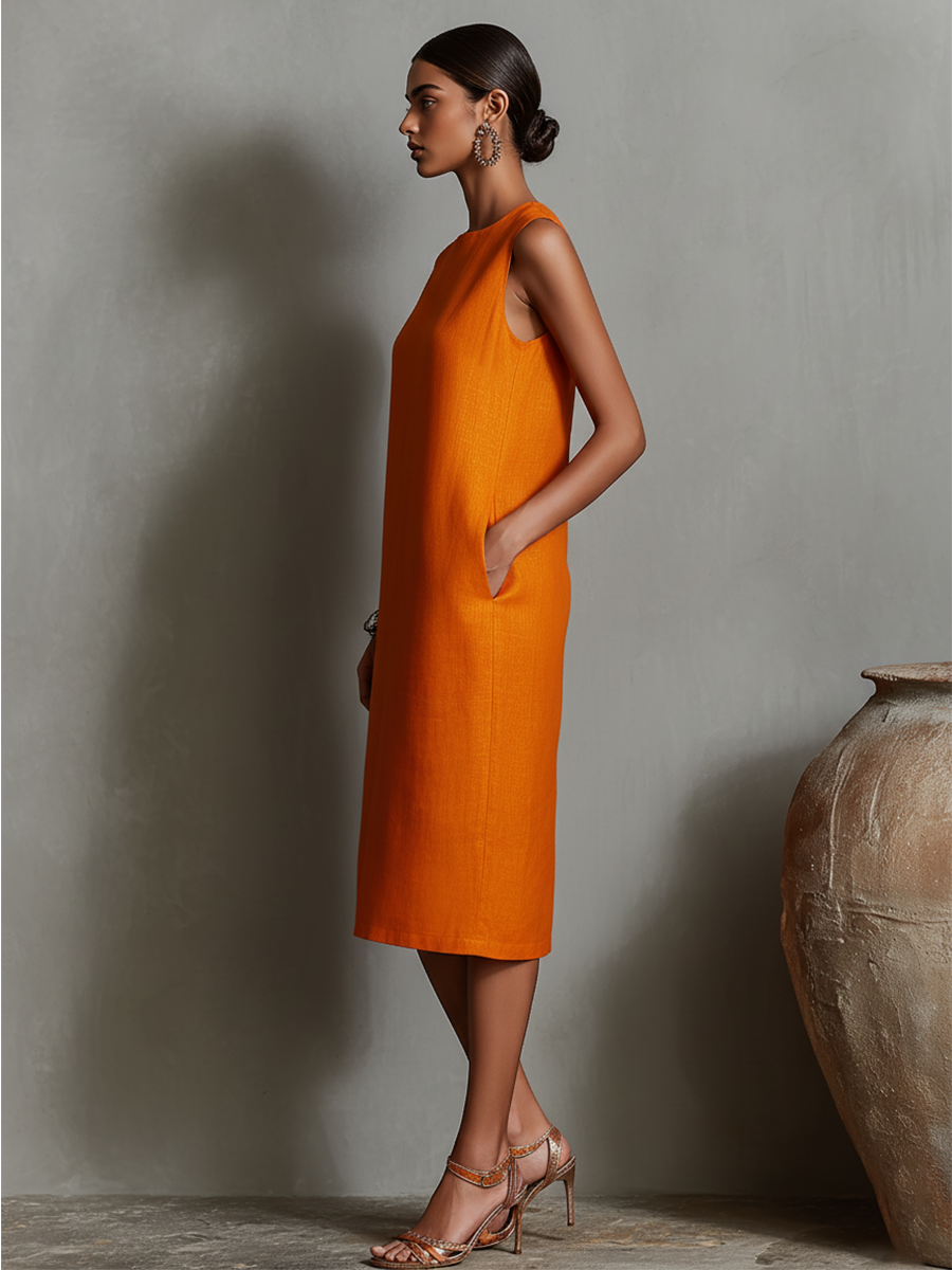 Orange Linen Dress for Women with Round Neck, Sleeveless, and Side Pockets, Timeless Minimalist-Elegant Style MDZ2851C7I