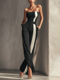 Strapless Women's Jumpsuit in Black with Contrasting White Vertical Stripes and Side Pockets MDZ0336C7T