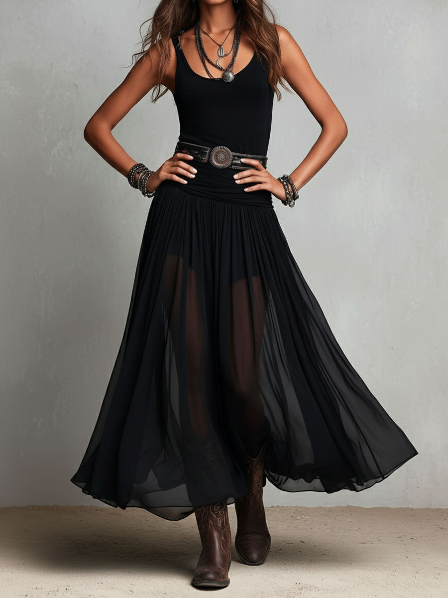 Black Stretchy Boho Western Maxi Dress with Sheer Skirt