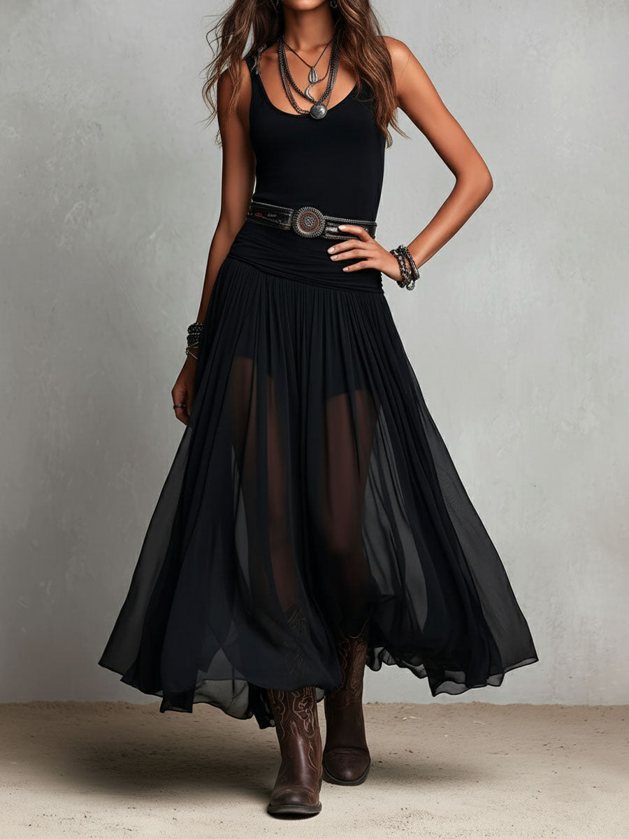 Black Stretchy Boho Western Maxi Dress with Sheer Skirt