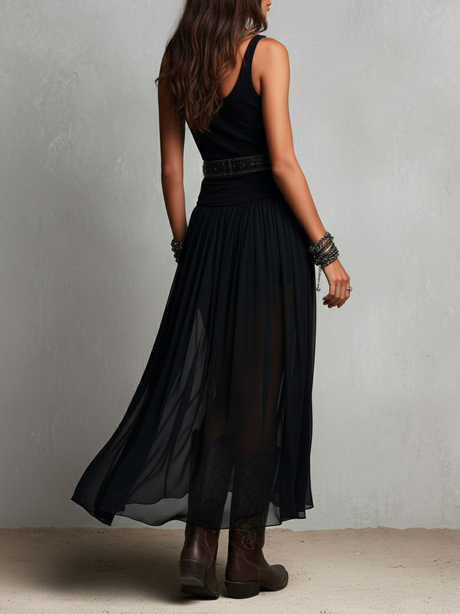 Black Stretchy Boho Western Maxi Dress with Sheer Skirt