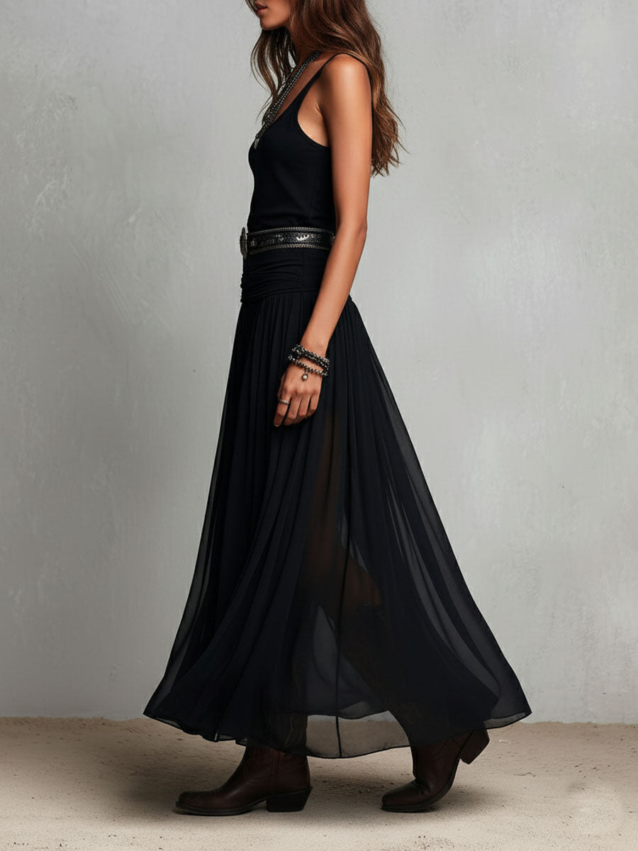 Black Stretchy Boho Western Maxi Dress with Sheer Skirt