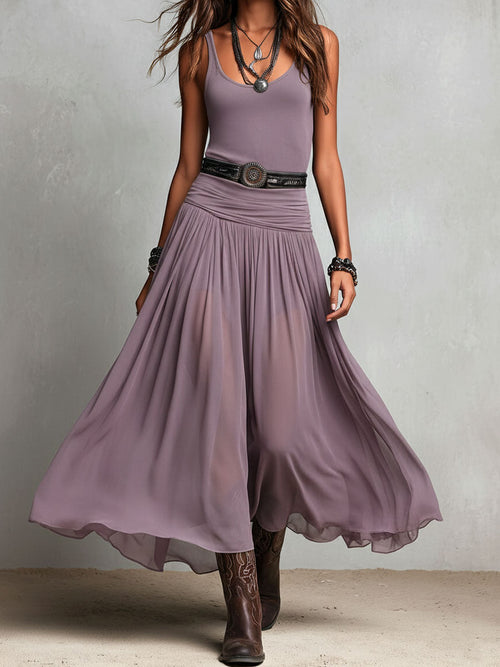 Black Stretchy Boho Western Maxi Dress with Sheer Skirt