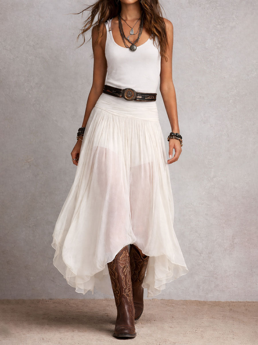Black Stretchy Boho Western Maxi Dress with Sheer Skirt