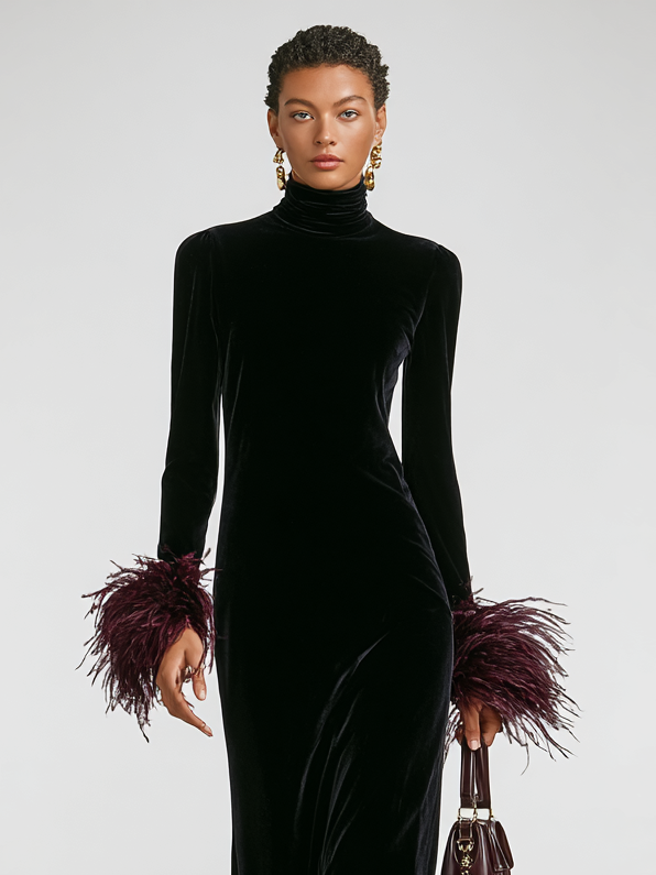 Women's Maxi Dress with Minimalist Velvet Patchwork and Faux Ostrich Feather Sleeves and Hem MDA1174J9Y