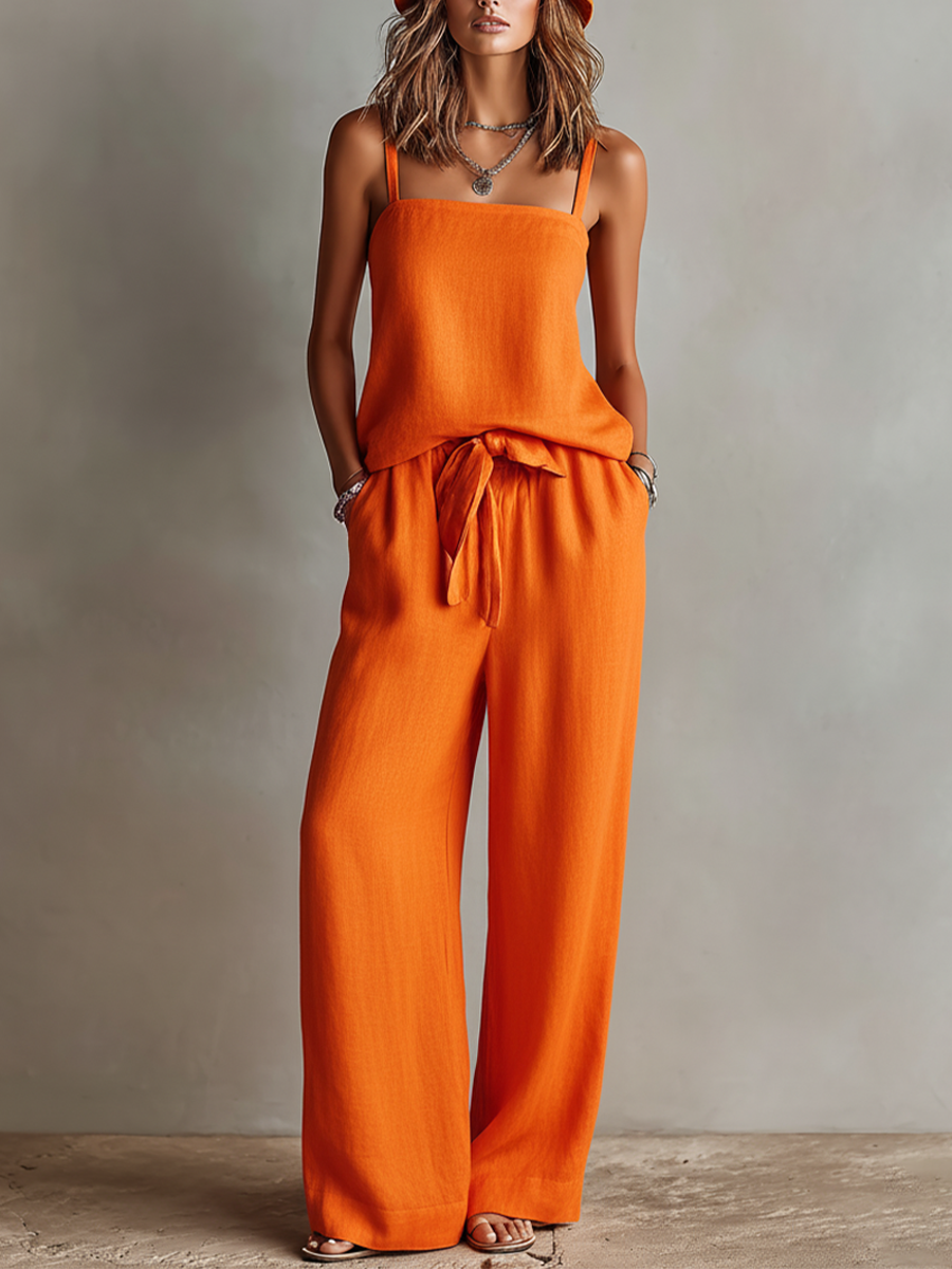 Orange Women's Two-Piece Linen Set with Square Neck Camisole Top and Wide Leg Pants, Classic Boho Resort Style MDZ0825D5I