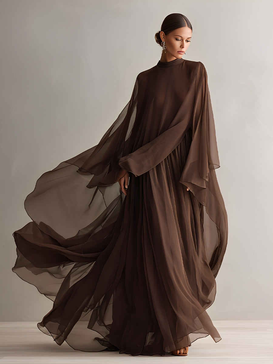 Rich Brown Chiffon Dresses for Women with a Flowing Maxi Silhouette and Scarf-like Design, Modern Elegant-Glitzy Style MDA1967L4I