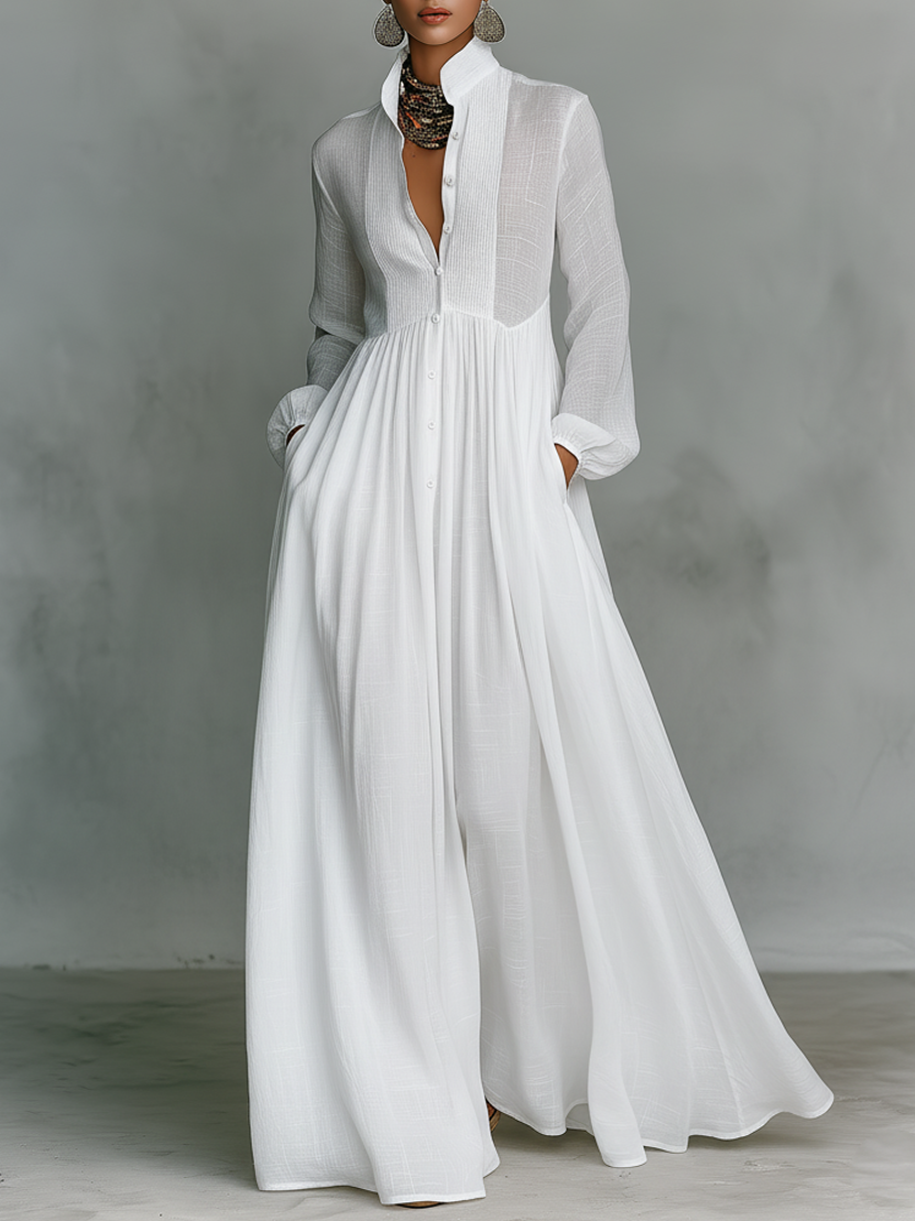 Women's Maxi Dress in Minimalist Style Made of Cotton and Linen with Puzzle Pieces, Featuring a Sturdy Collar and Long Sleeves