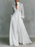 Minimalist Maxi Dresses for Women in Cotton and White with Patchwork, One Button, Stand Collar, and Long Sleeves MDA0658K6Y