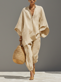 Neutral Linen Set for Women with Asymmetrical Edges and Minimalist Design, Sophisticated Everyday-Elegant Style MDZ0501B3I