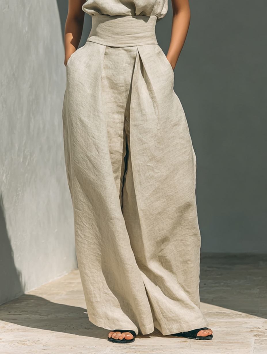 Sleeveless Blouse Set with Wide Pants Made of Cotton and Linen for Women MDZ0873A5Y