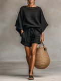Women's Short Sleeve Top and Shorts Set Made from Blended Fabrics with Linen, Lace Boat Neck MDZ1635A9Y
