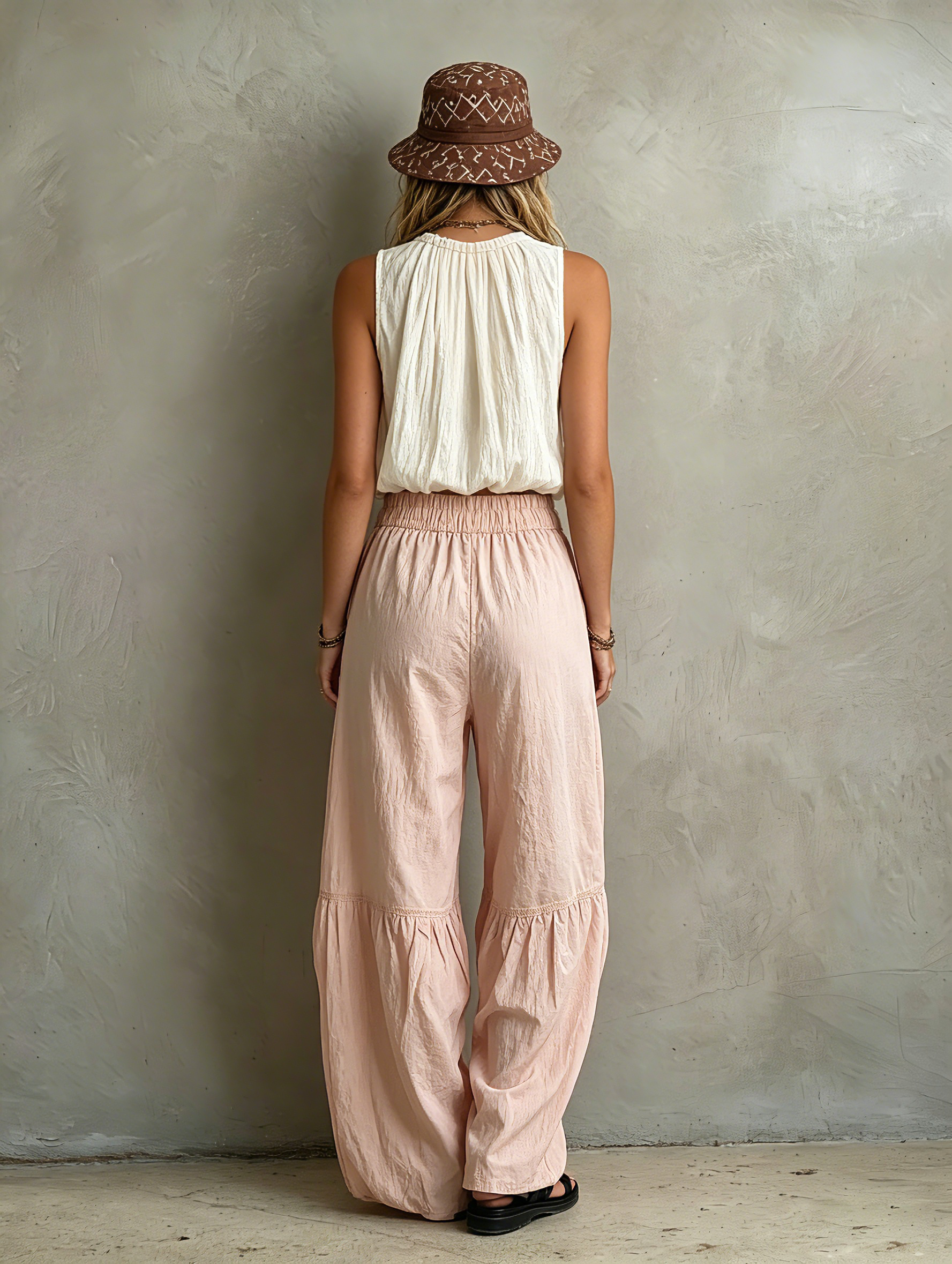 Lightweight White Women's Sleeveless Top with Round Collar Paired with Pink Pants MDZ1268F0LXY