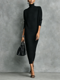 Black Midi Dress for Women, Knitted, with High Collar, Long Sleeves, Loose Fit, No Pockets MDA1974L7AN