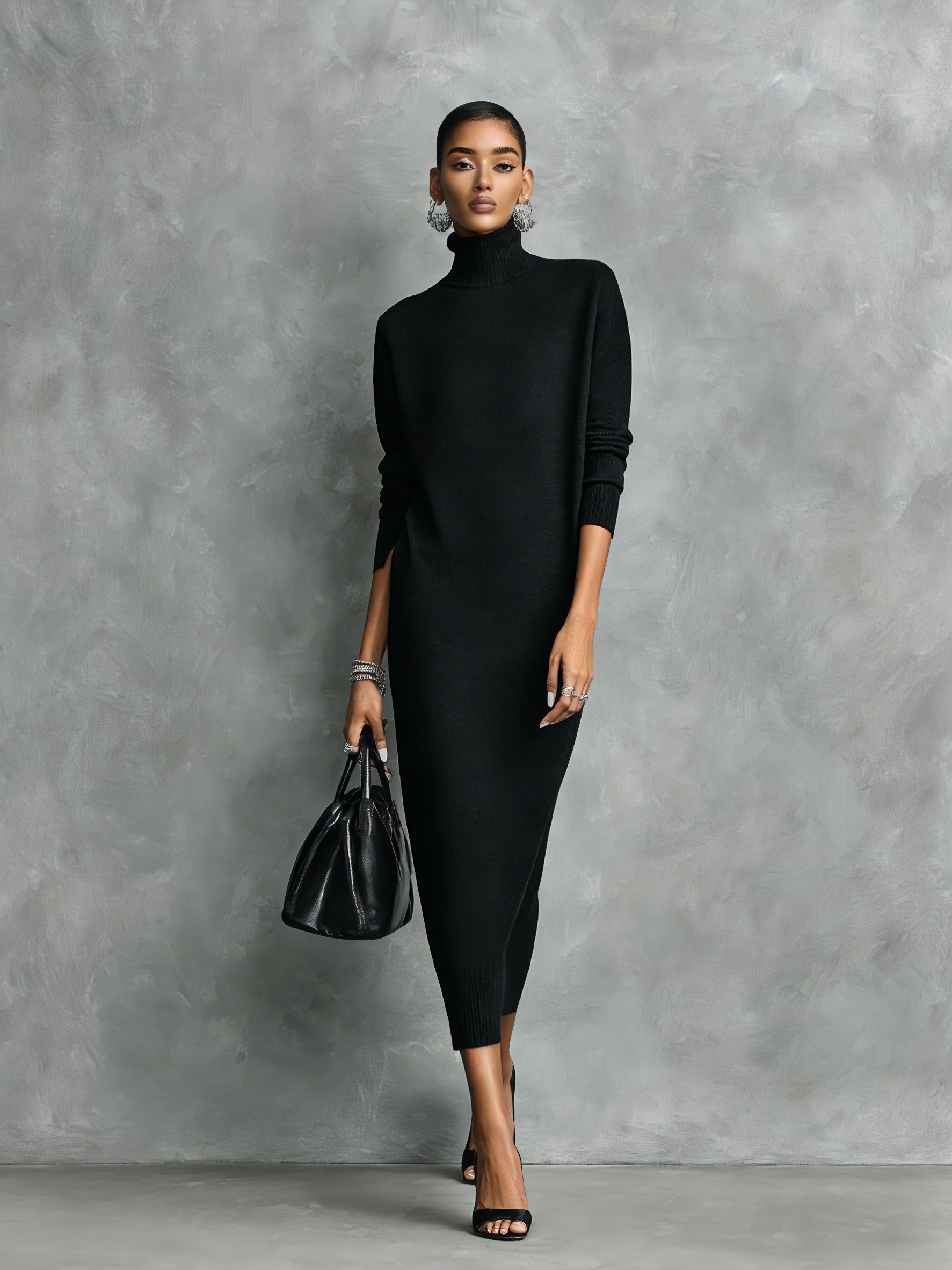 Black Midi Dress for Women, Knitted, with High Collar, Long Sleeves, Loose Fit, No Pockets MDA1974L7AN