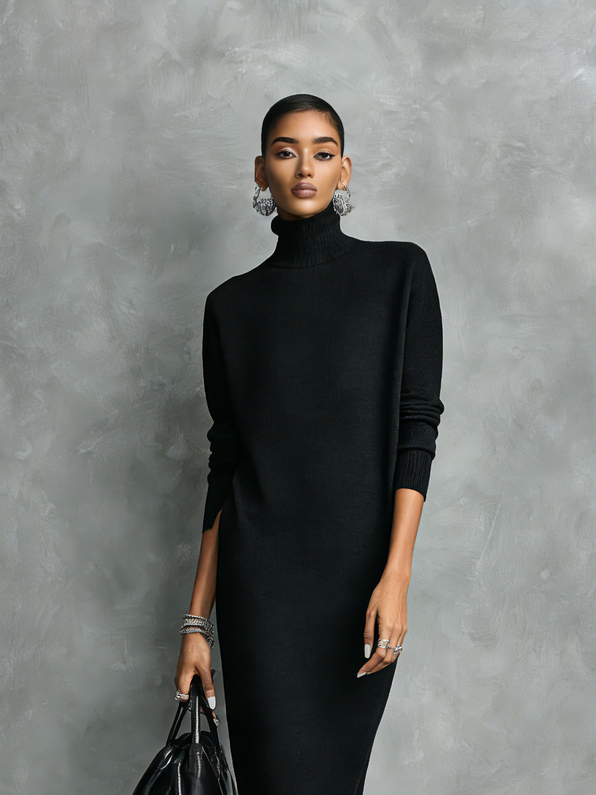 Black Midi Dress for Women, Knitted, with High Collar, Long Sleeves, Loose Fit, No Pockets MDA1974L7AN