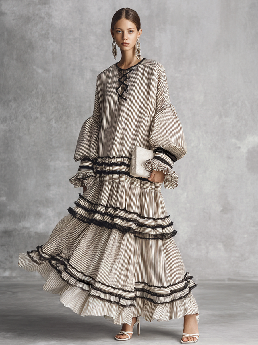 Maxi Dresses for Women with Ruffles and Stripes in Brown and White MDZ1426B2BA